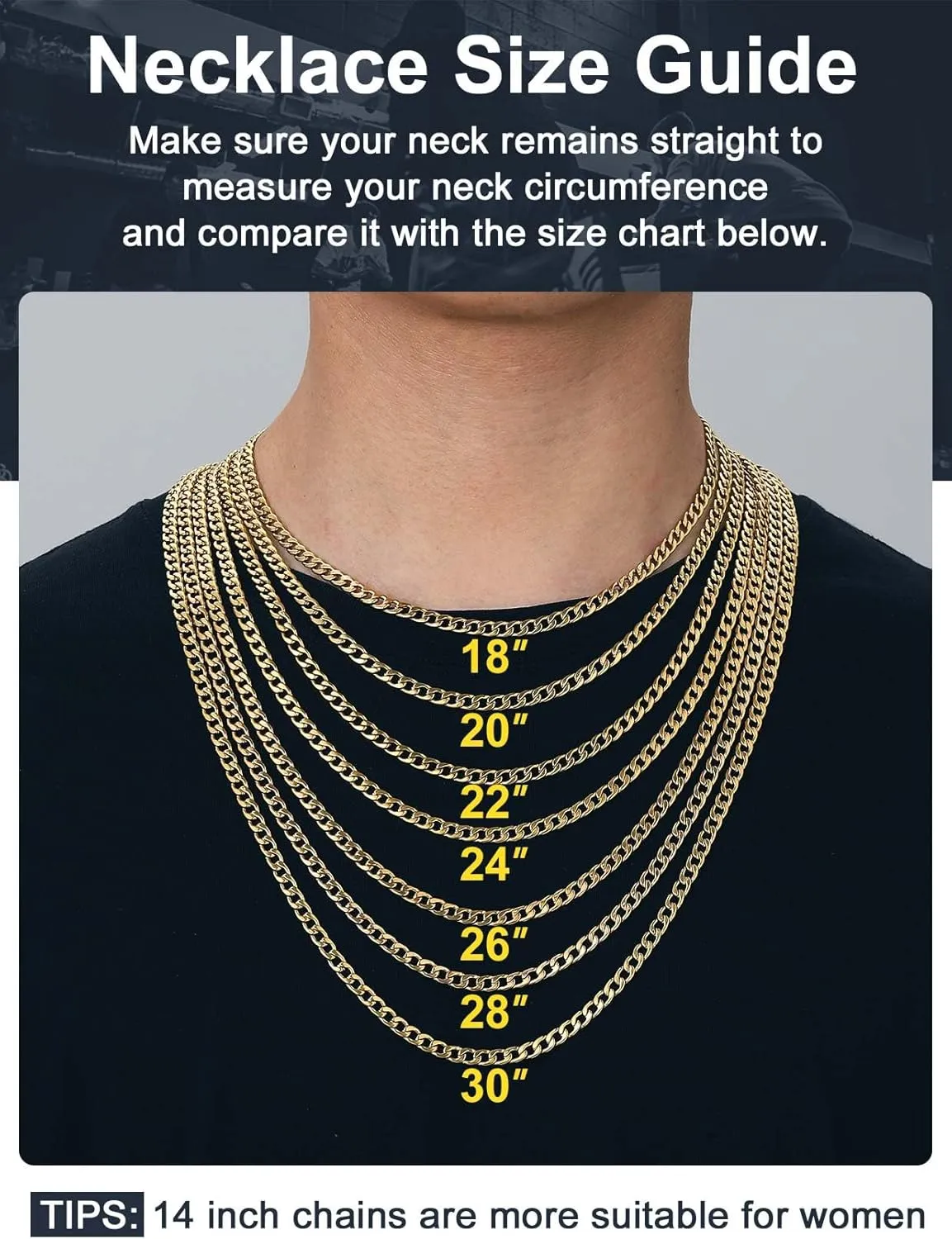 ChainsPro Mens Sturdy Cuban Chain Necklace, 4/5/6/9/12/13/15 MM Width, 14" 18" 20" 22" 24" 26" 28" 30" Length, Hip-Hop Cool Style, 316L Stainless Steel/18K Gold Plated/Black-With Gift Box