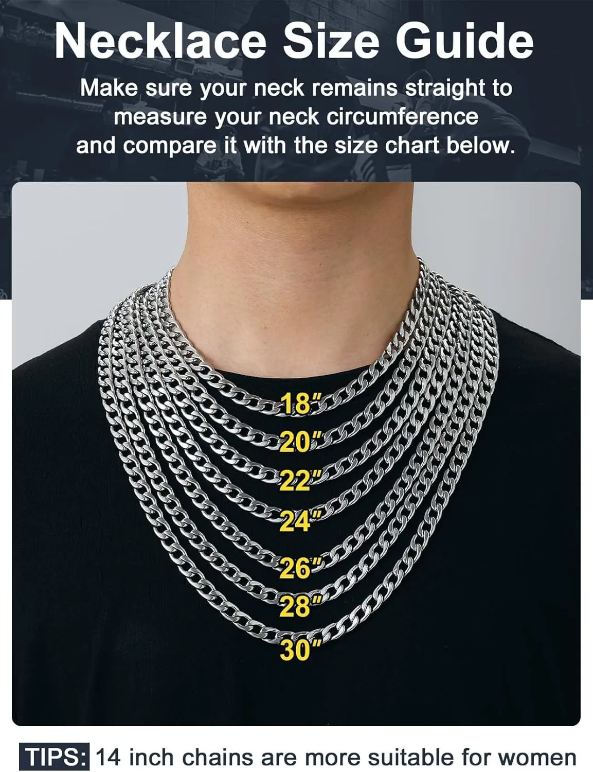 ChainsPro Mens Sturdy Cuban Chain Necklace, 4/5/6/9/12/13/15 MM Width, 14" 18" 20" 22" 24" 26" 28" 30" Length, Hip-Hop Cool Style, 316L Stainless Steel/18K Gold Plated/Black-With Gift Box