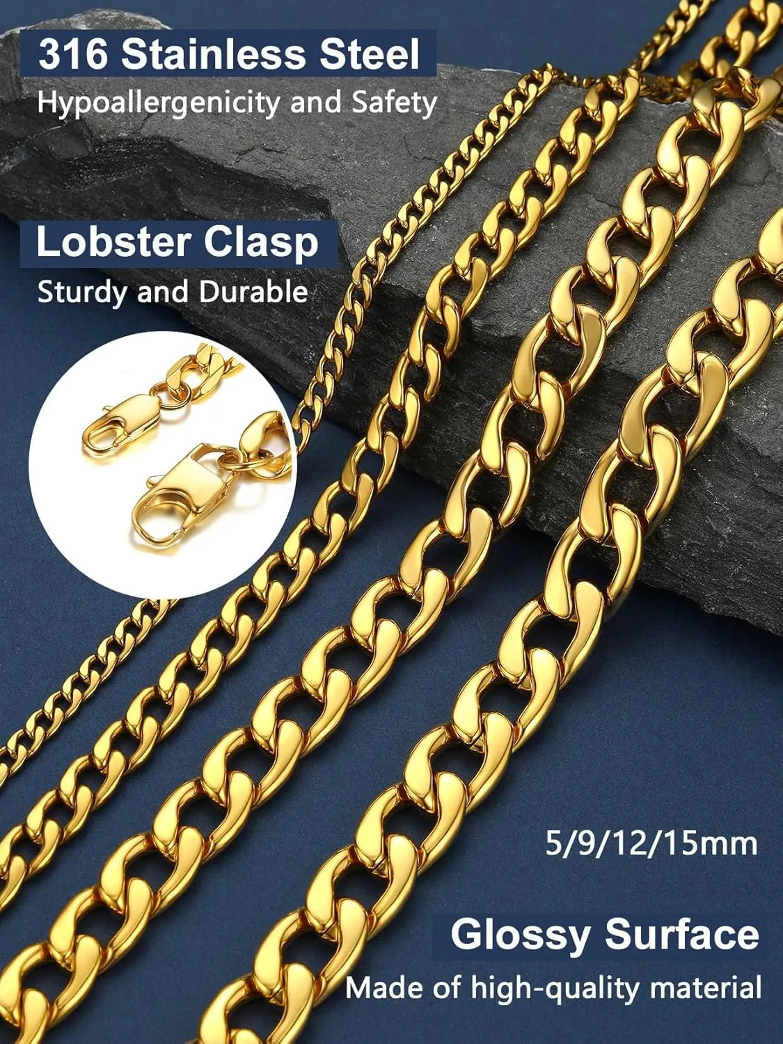 ChainsPro Mens Sturdy Cuban Chain Necklace, 4/5/6/9/12/13/15 MM Width, 14" 18" 20" 22" 24" 26" 28" 30" Length, Hip-Hop Cool Style, 316L Stainless Steel/18K Gold Plated/Black-With Gift Box