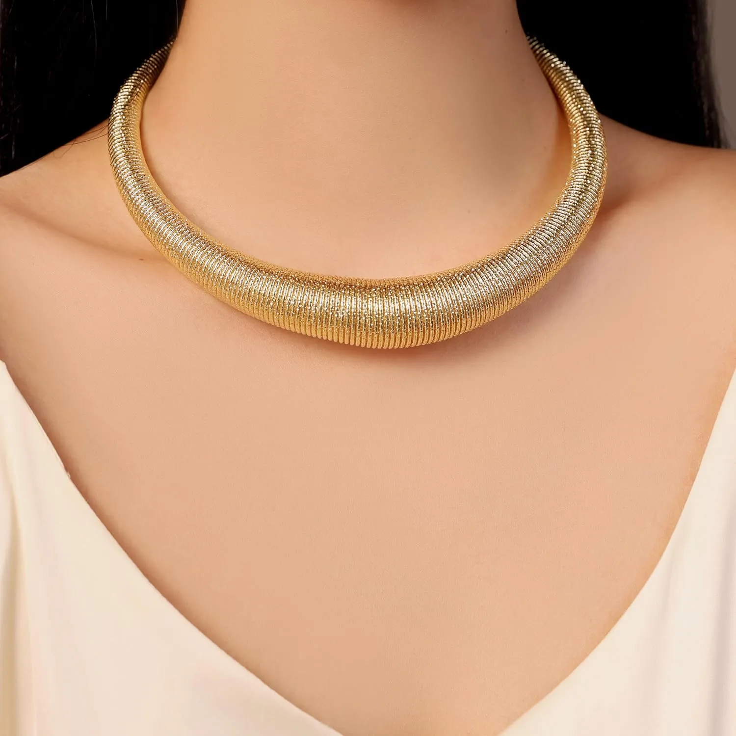Chunky Statement Choker Necklace for Women, Gold Stainless Steel Snake Chain Collar Necklace,Adjustable Chain Jewelry