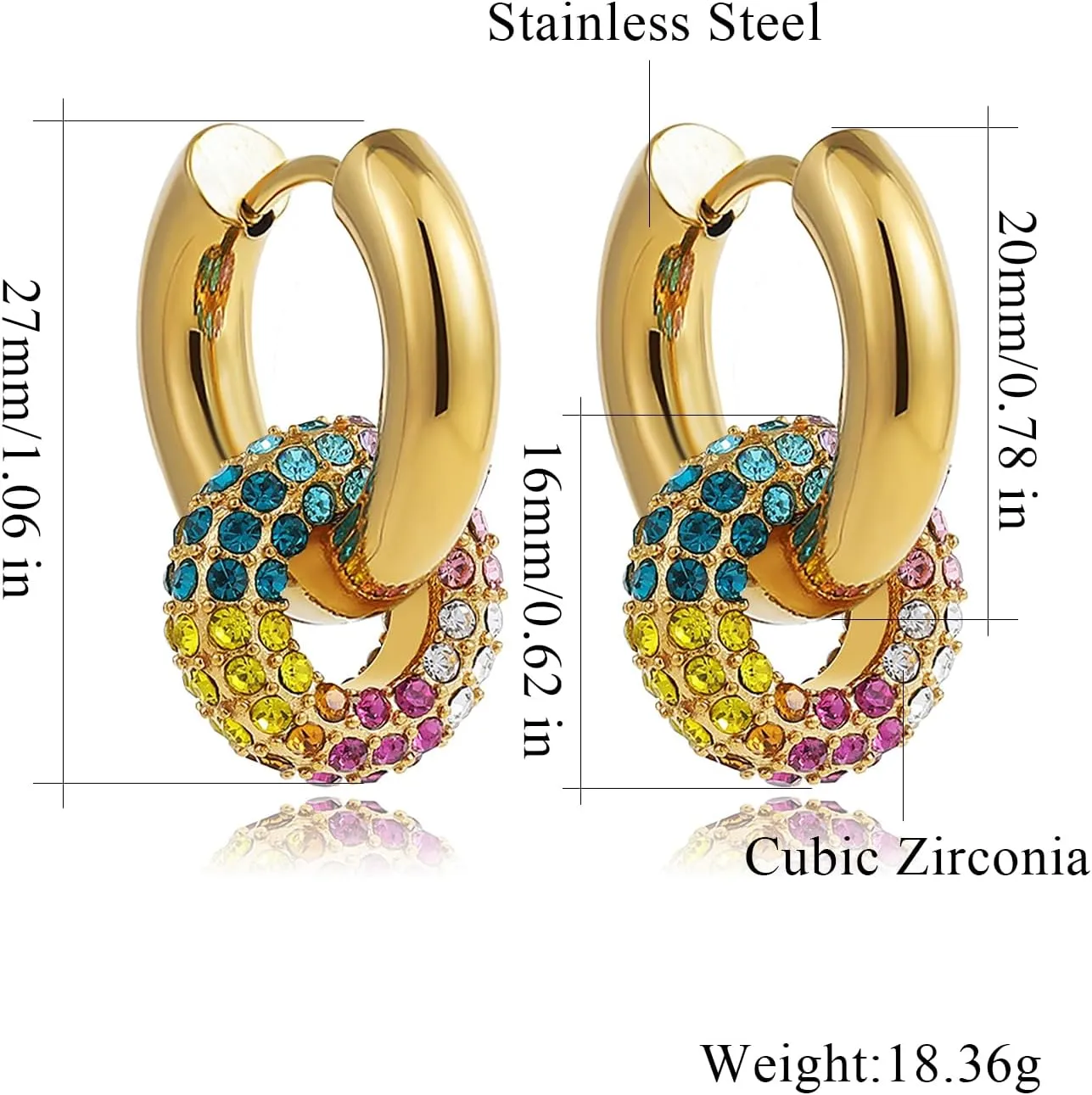 CiNily Huggie Hoop Earrings, Rainbow Colorful Crystal Yellow Gold Plated Cuff Earrings Fashion Small Hoop Earrings for Women Girls