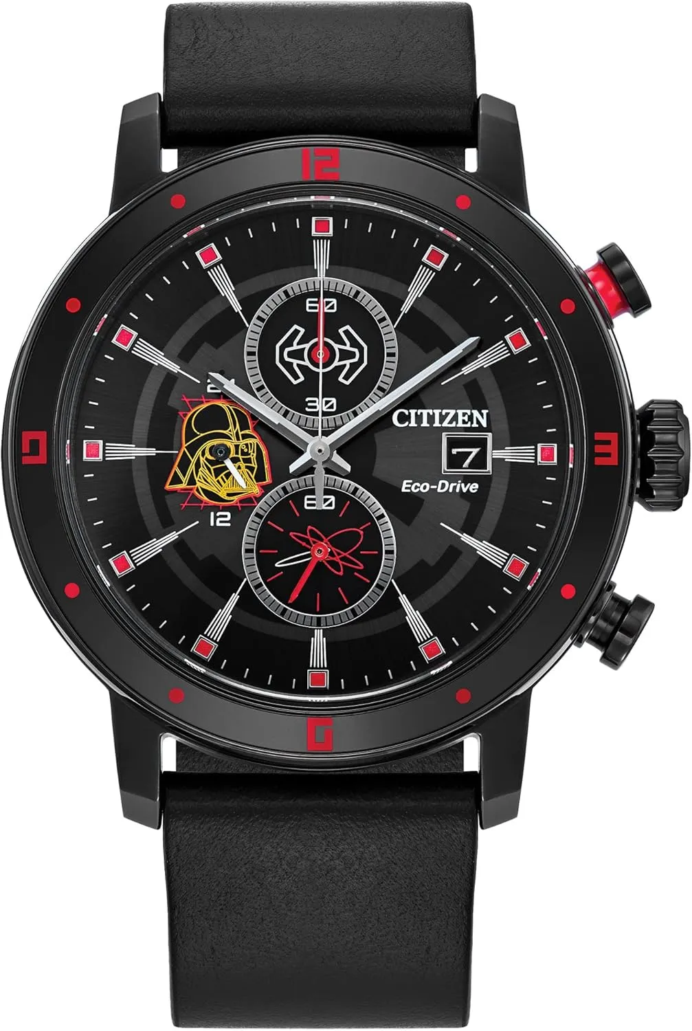 Citizen Eco-Drive Men's Star Wars Darth Vader Chronograph Watch with Black Ion Plated Case, Red Accents and Black Leather Strap, Luminous, Date, 44mm (Model: CA0769-04W)