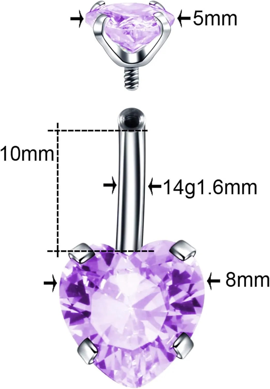 Classic Hearts Belly Button Rings Silver 14G Surgical Stainless Steel Navel Barbell Stud Cubic Zirconia Body Piercing