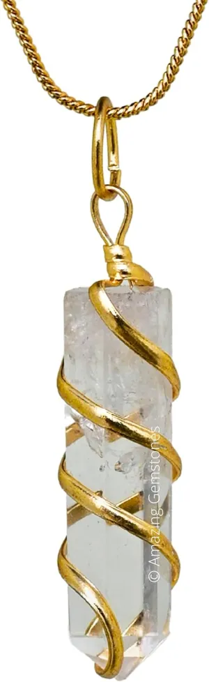 Clear Quartz Crystal Necklace Pendant For Women, Gold Wire Wrapped Dainty Minimalist Healing Crystal Necklaces For Men Kids Unisex Necklace Jewelry With 20" Inches Adjustable Chain & Leather Cord