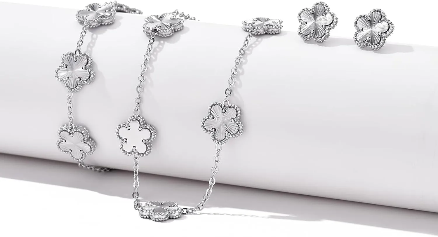 Clover Neckalce Bracelet Earring Set for Women 14K Gold Plated Stainless Steel Four Leaf Clover Jewelry Set