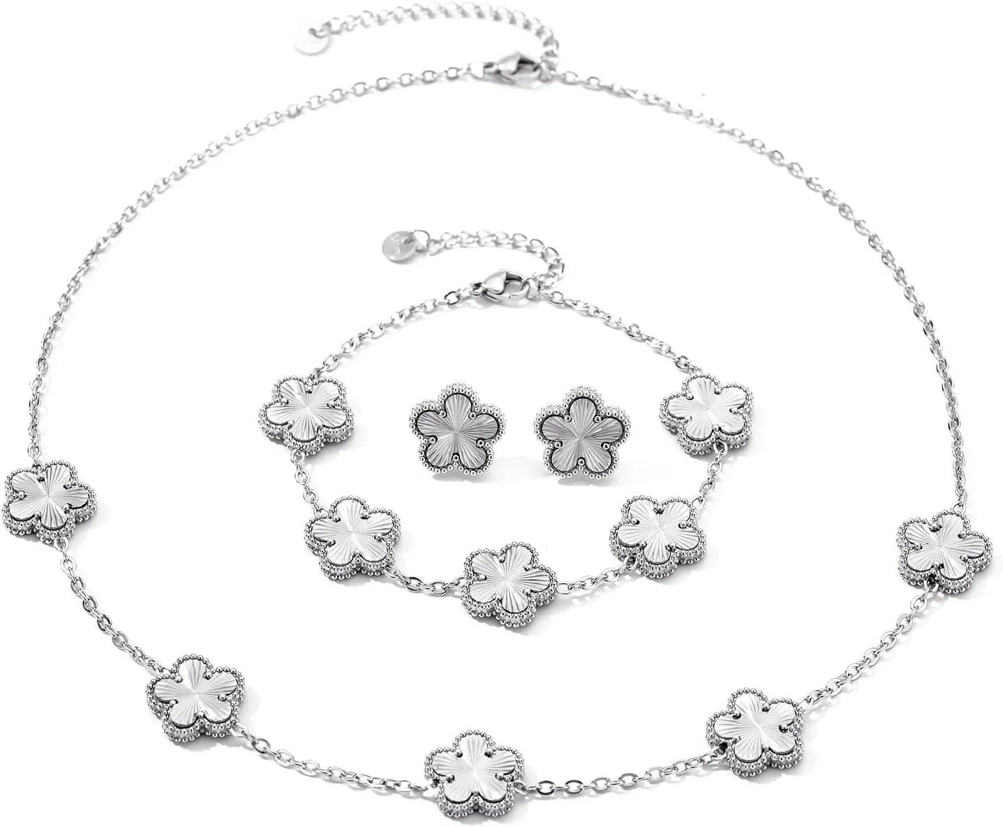 Clover Neckalce Bracelet Earring Set for Women 14K Gold Plated Stainless Steel Four Leaf Clover Jewelry Set
