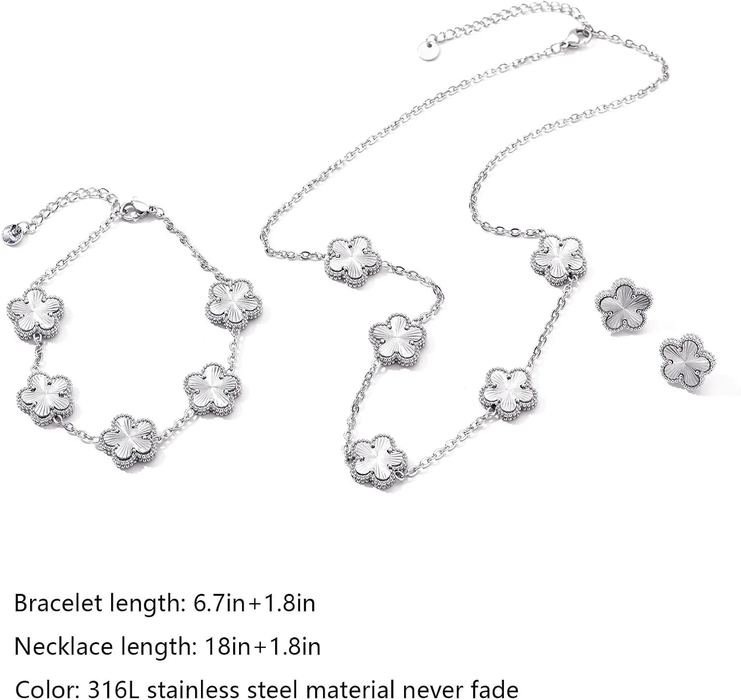 Clover Neckalce Bracelet Earring Set for Women 14K Gold Plated Stainless Steel Four Leaf Clover Jewelry Set
