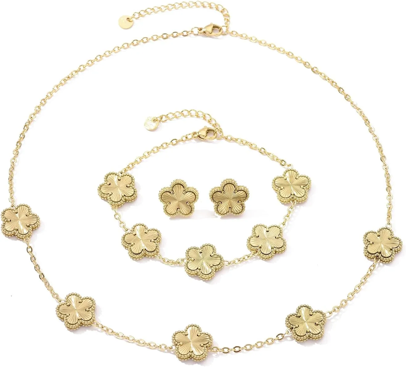 Clover Neckalce Bracelet Earring Set for Women 14K Gold Plated Stainless Steel Four Leaf Clover Jewelry Set