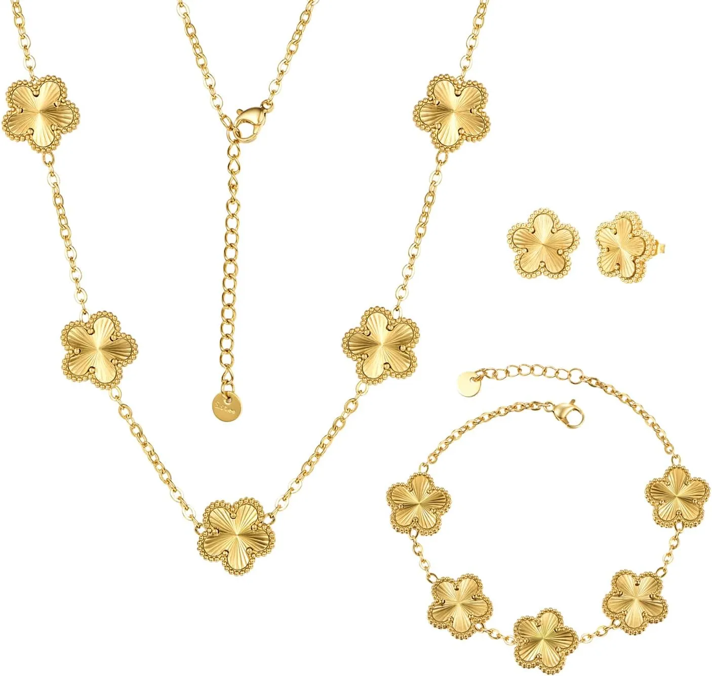 Clover Neckalce Bracelet Earring Set for Women 14K Gold Plated Stainless Steel Four Leaf Clover Jewelry Set