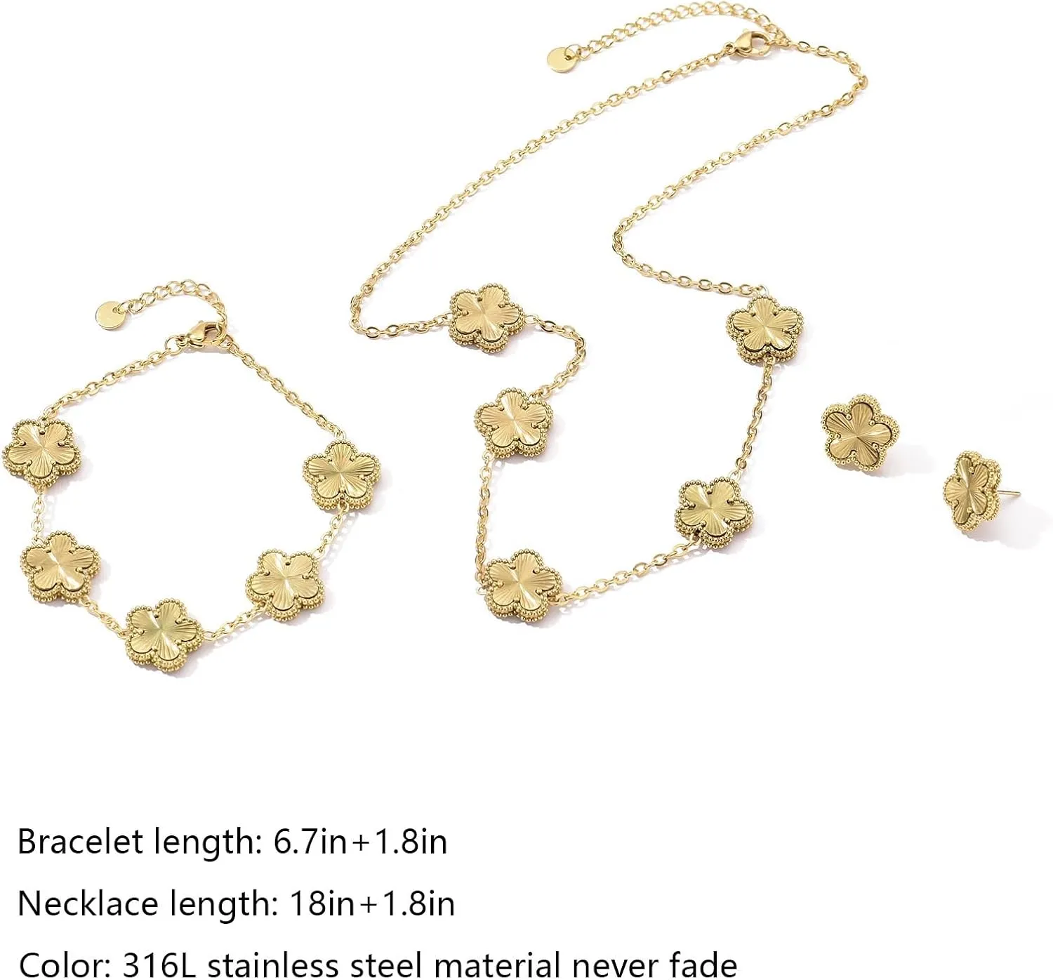Clover Neckalce Bracelet Earring Set for Women 14K Gold Plated Stainless Steel Four Leaf Clover Jewelry Set
