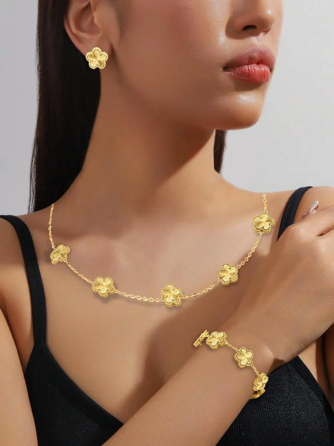 Clover Neckalce Bracelet Earring Set for Women 14K Gold Plated Stainless Steel Four Leaf Clover Jewelry Set