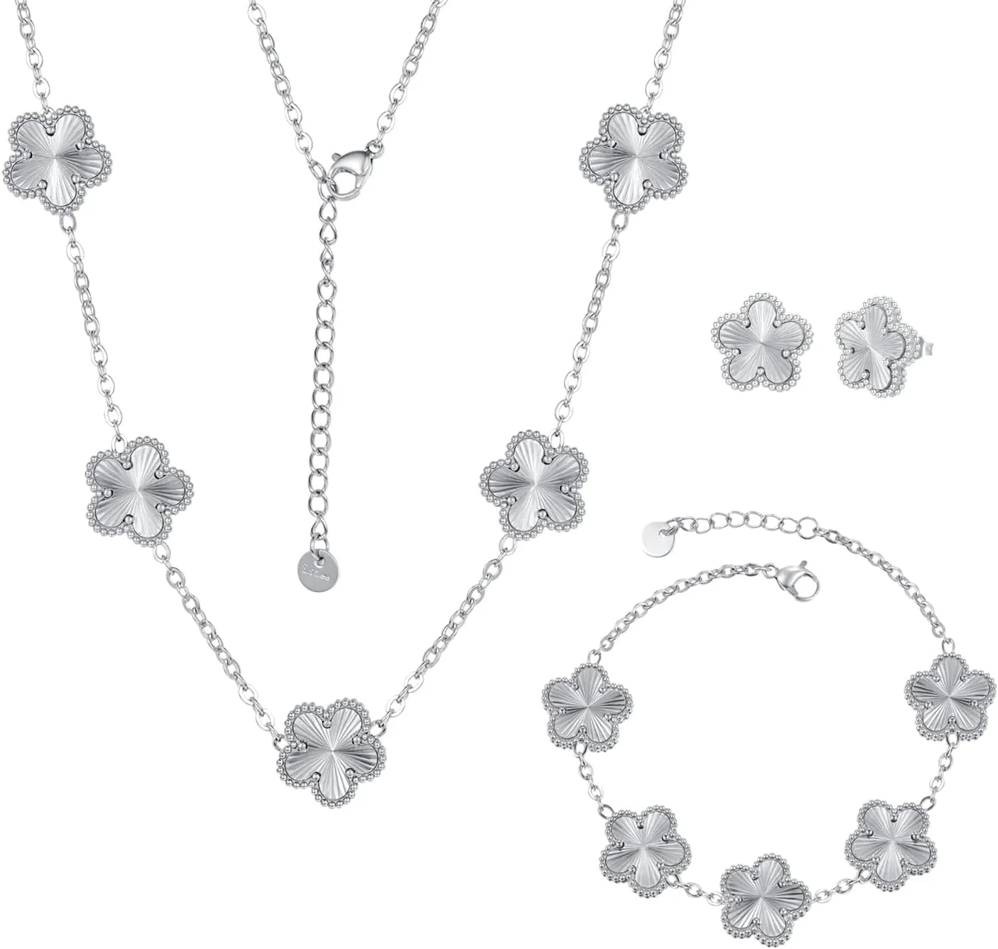 Clover Neckalce Bracelet Earring Set for Women 14K Gold Plated Stainless Steel Four Leaf Clover Jewelry Set