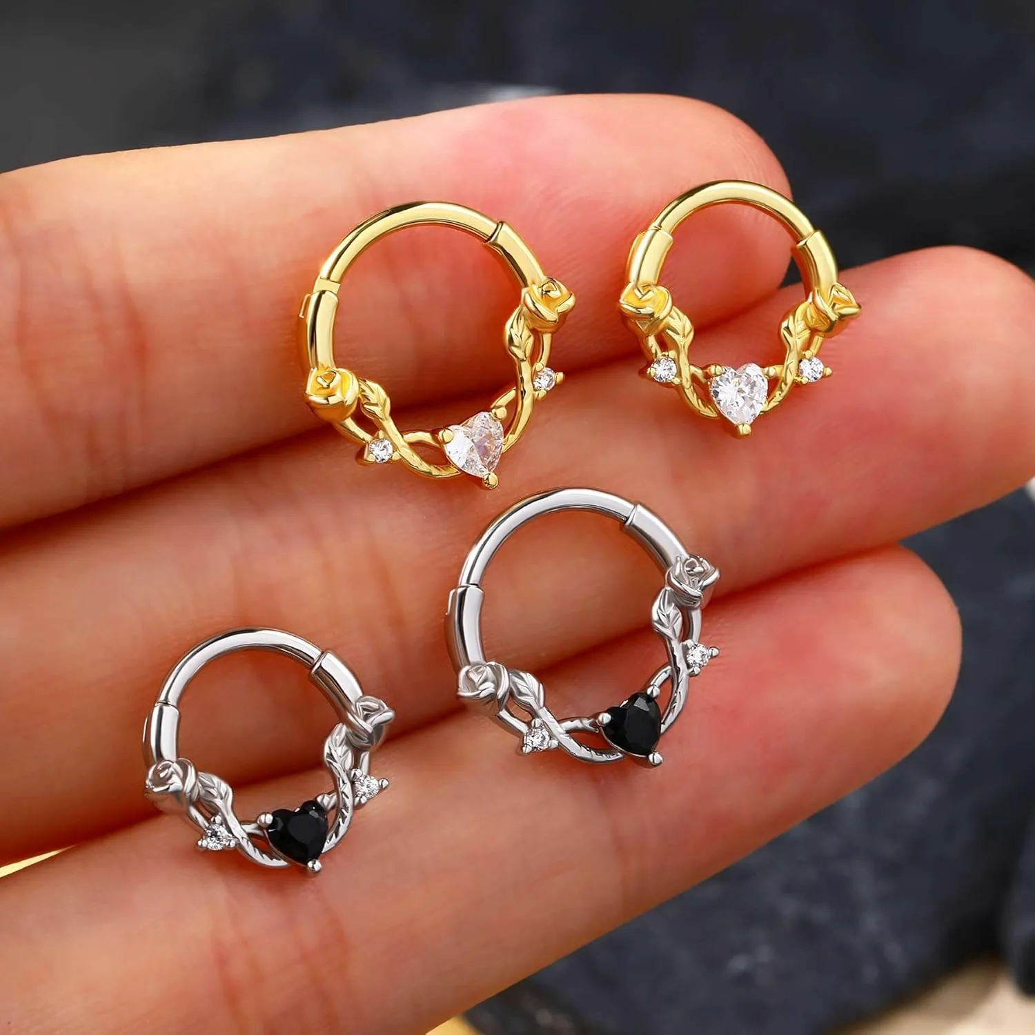 CM Crareesi Mania Rose Septum Ring 16G Hinged Segment Rings 316L Stainless Steel Daith Earrings Heart CZ Septum Daith Helix Cartilage Piercing Jewelry Piercing Jewelry