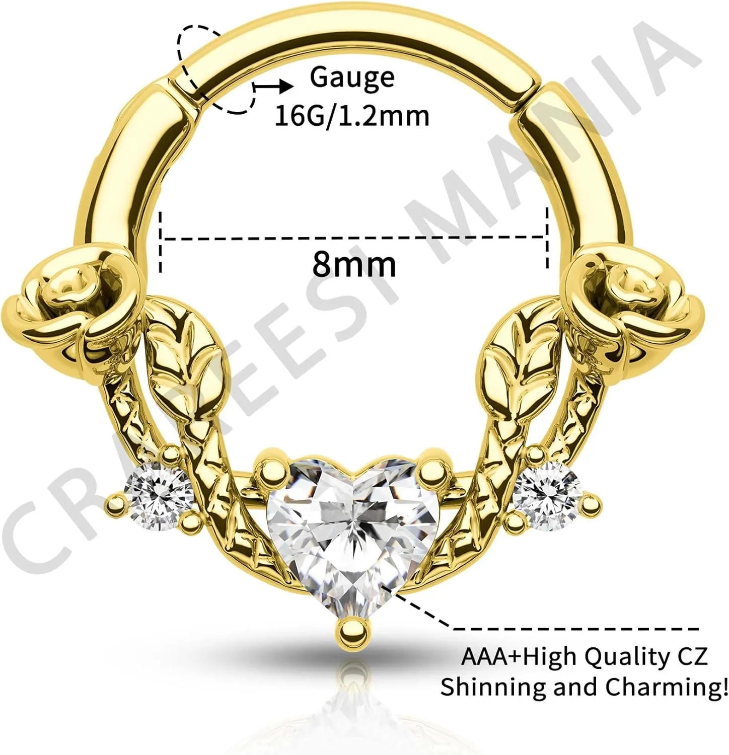 CM Crareesi Mania Rose Septum Ring 16G Hinged Segment Rings 316L Stainless Steel Daith Earrings Heart CZ Septum Daith Helix Cartilage Piercing Jewelry Piercing Jewelry
