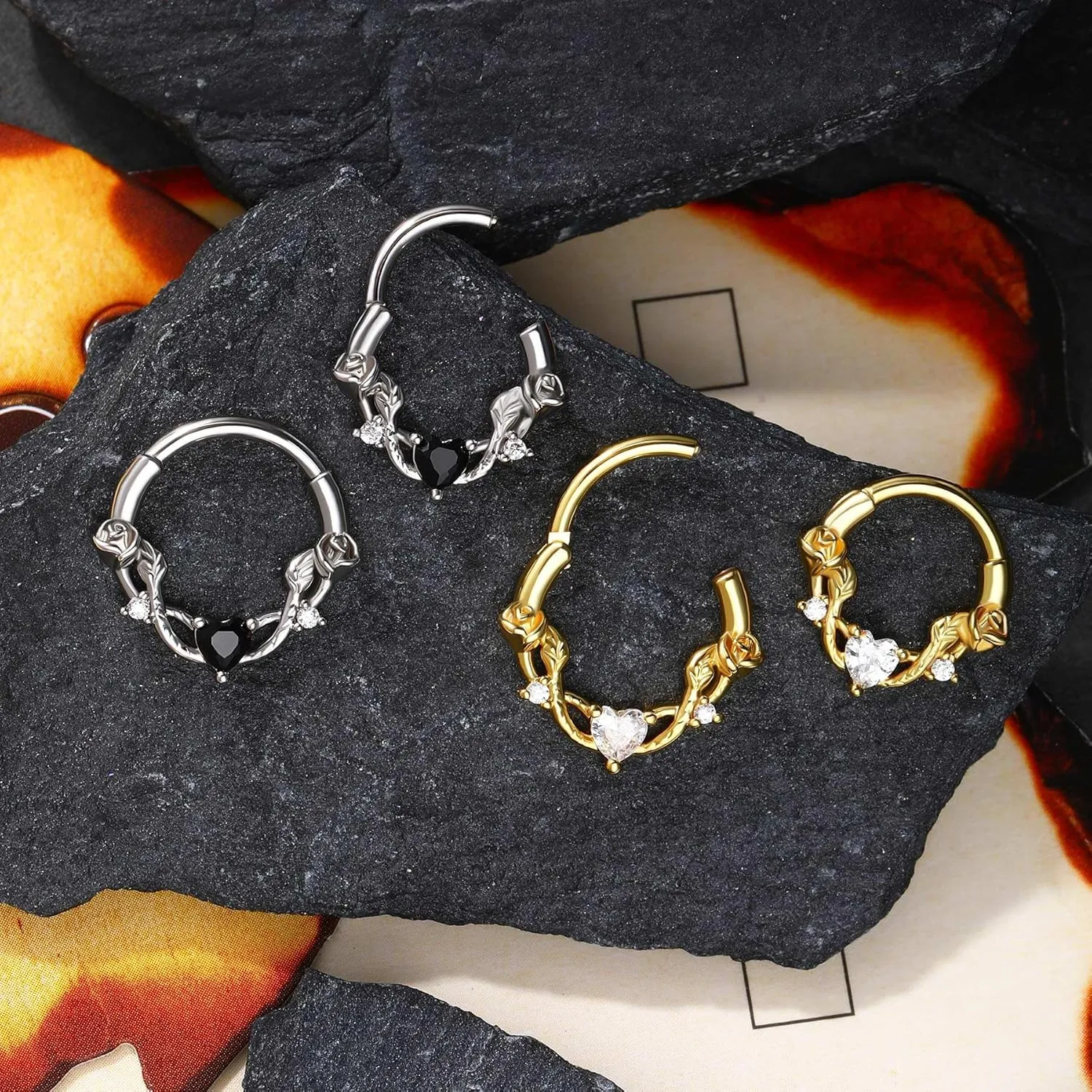 CM Crareesi Mania Rose Septum Ring 16G Hinged Segment Rings 316L Stainless Steel Daith Earrings Heart CZ Septum Daith Helix Cartilage Piercing Jewelry Piercing Jewelry