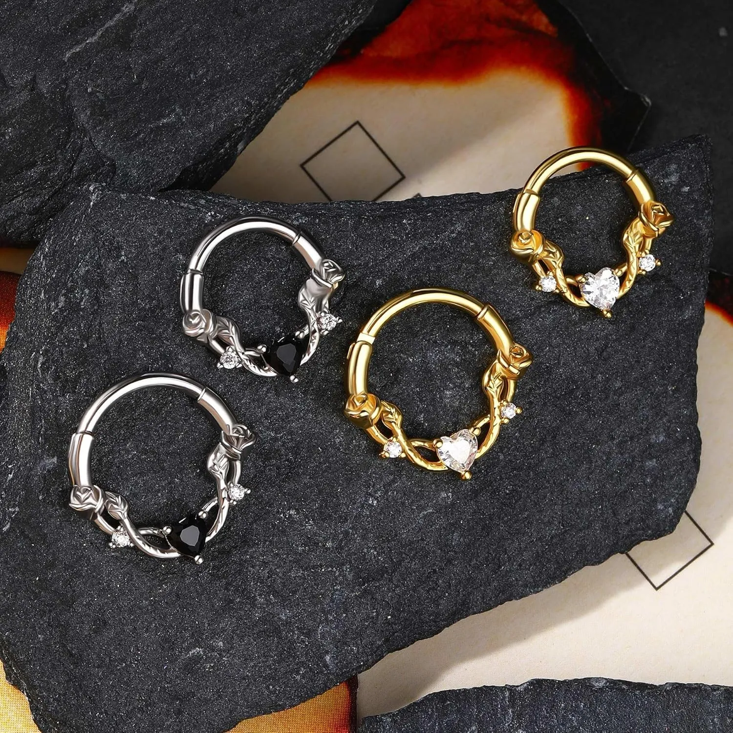 CM Crareesi Mania Rose Septum Ring 16G Hinged Segment Rings 316L Stainless Steel Daith Earrings Heart CZ Septum Daith Helix Cartilage Piercing Jewelry Piercing Jewelry