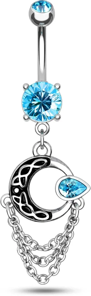 COCHARM Moon Chain Dangle Belly Button Rings Aqua CZ Dangly Belly Rings for Women Belly Piercing Jewelry Dangling Stainless Steel