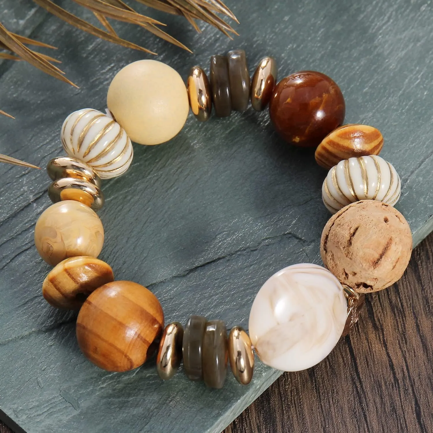 Coiris Multi Beaded Statement Bracelet Wooden Acrylic Beads Stretch Chunky Beads Bracelet for Wome Gift(BR-1215-Orange Mix)