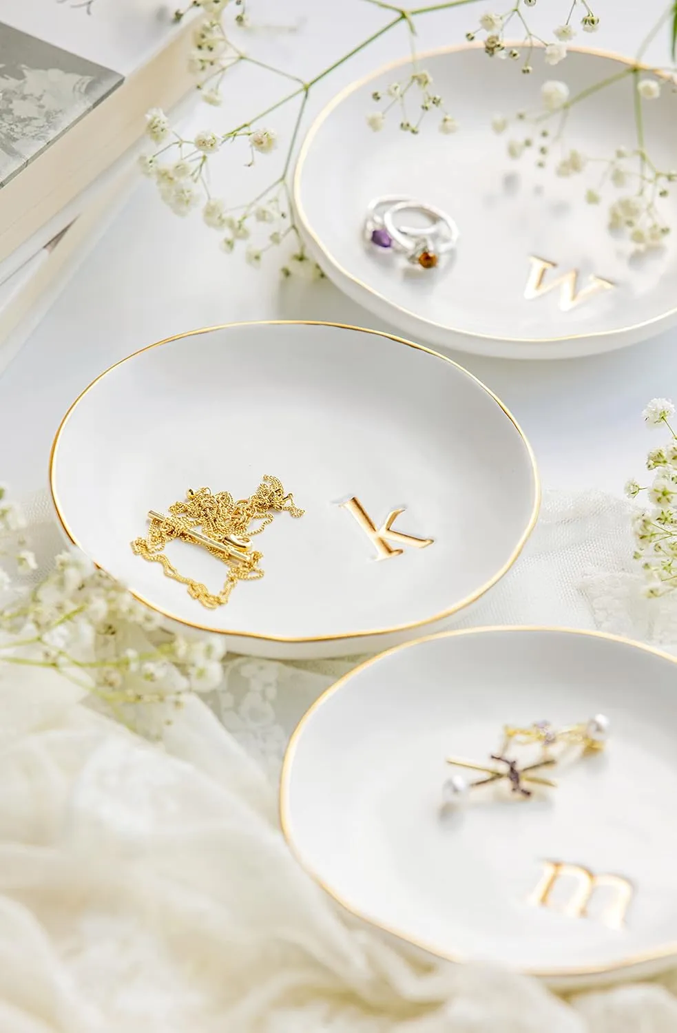 COLLECTIVE HOME - Ceramic Jewelry Tray, Decorative Trinket Dish for Rings Earrings Necklaces Bracelet Watch Keys, Birthday Mother's Day for Women, 4.75", White Surface (A)