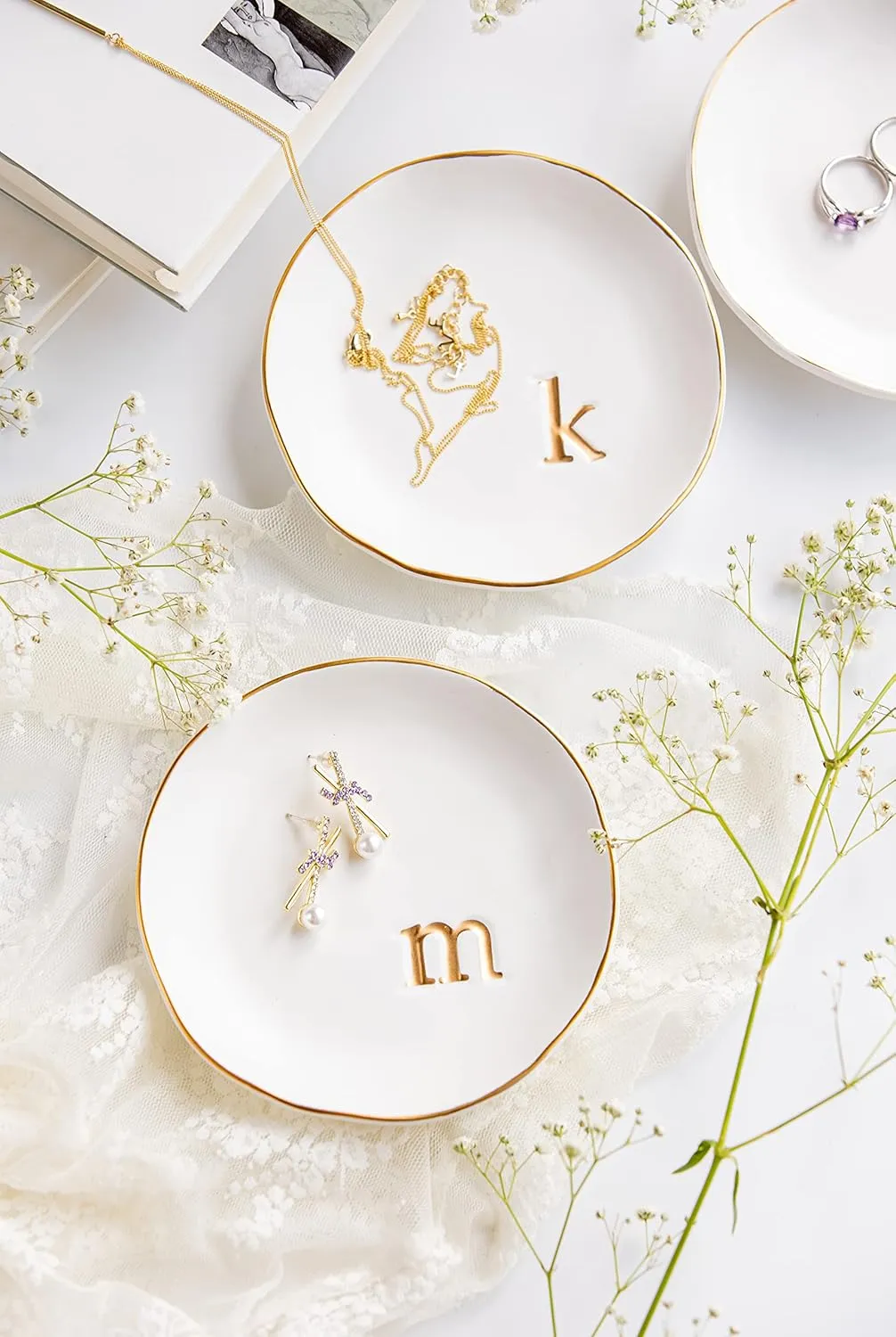 COLLECTIVE HOME - Ceramic Jewelry Tray, Decorative Trinket Dish for Rings Earrings Necklaces Bracelet Watch Keys, Birthday Mother's Day for Women, 4.75", White Surface (A)