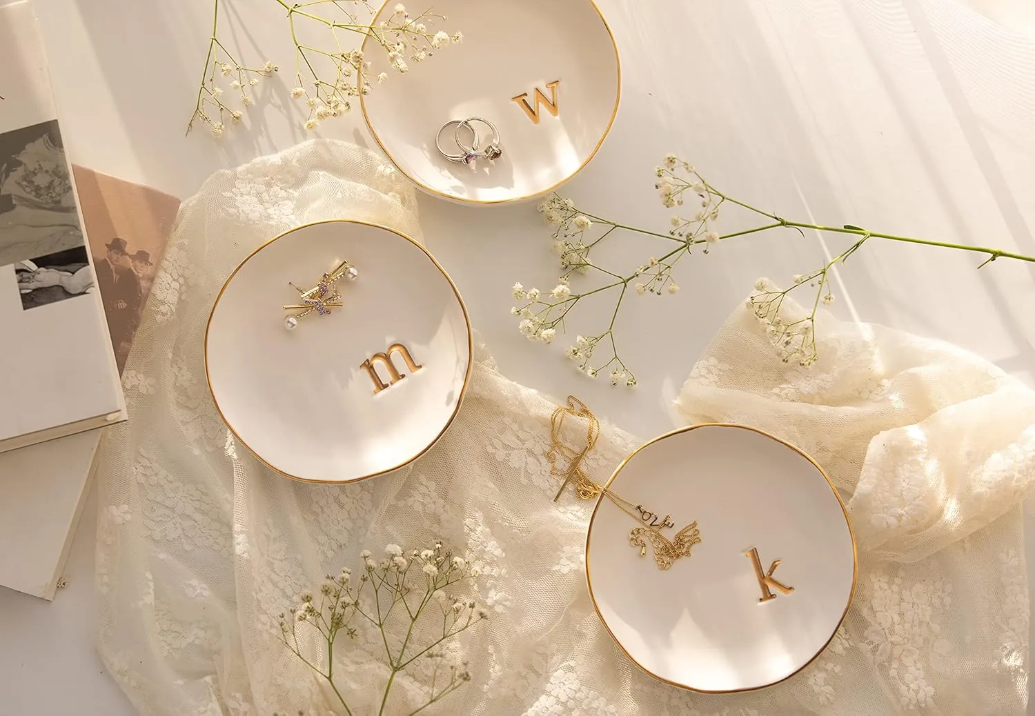 COLLECTIVE HOME - Ceramic Jewelry Tray, Decorative Trinket Dish for Rings Earrings Necklaces Bracelet Watch Keys, Birthday Mother's Day for Women, 4.75", White Surface (A)