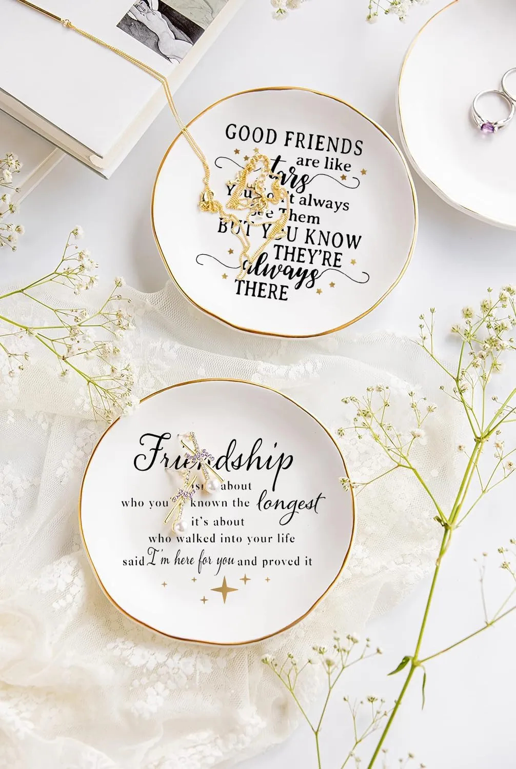 COLLECTIVE HOME - Ceramic Jewelry Tray, Gift for Friends Bestie, Decorative Jewelry Dish for Rings Earrings Necklaces Bracelet Watch Keys (Friendship isn't about who you've known the longest)