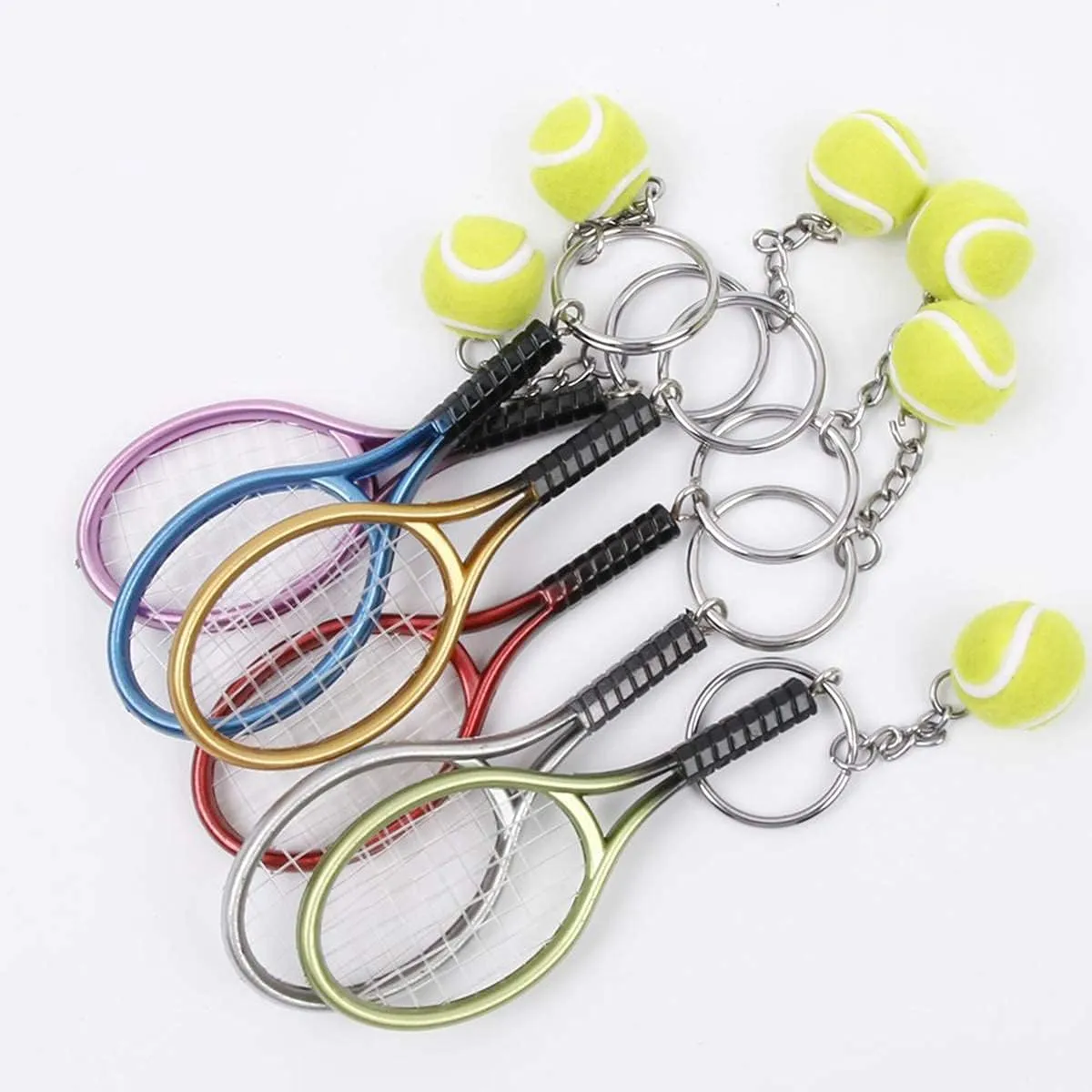 Color Mini Tennis Racket with Ball Keychain Key Ring