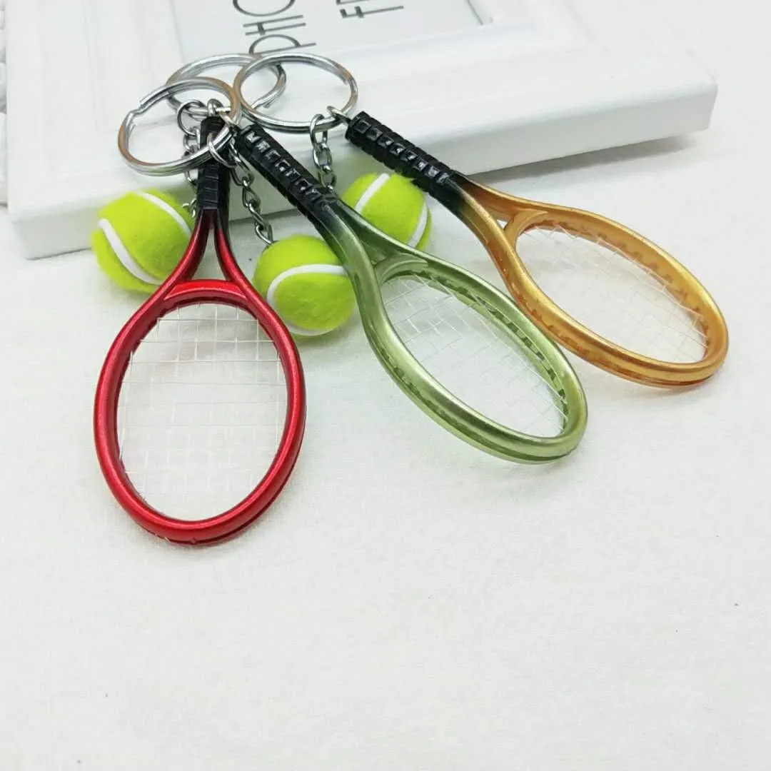 Color Mini Tennis Racket with Ball Keychain Key Ring