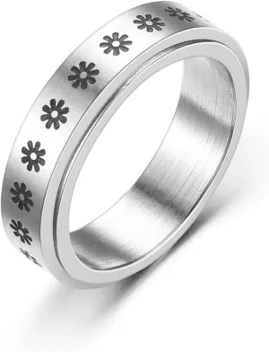 COLORFUL BLING 316L Stainless Steel Spinner Anxiety Band Ring 8/6mm Star Moon Sun Flower Fidget Ring Relieving Stress Engagement Promise Cool Biker Jewelry for Women Men Couple