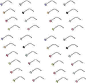 COLORFUL BLING 40 Pcs Set 20G Nose Rings for Women Men Multicolor 5A CZ Corkscrew Nose Studs L Shaped Nose Rings Stainless Steel Nose Piercing Jewelry