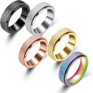 COLORFUL BLING 5pcs Titanium Stainless Steel 6MM Anxiety Spinner Band Ring Set Matte Sand Blasted Glitter Finished Rainbow Relief Lucky Worry for Women Men Fidget Jewelry