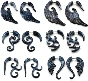 COLORFUL BLING 6-12Pairs Stainless Steel Punk Black Tribal Spiral Fake Gauges Acrylic Ear Tapers Fake Plugs Horn Stud Earrings Tunnel Body Piercing Jewelry