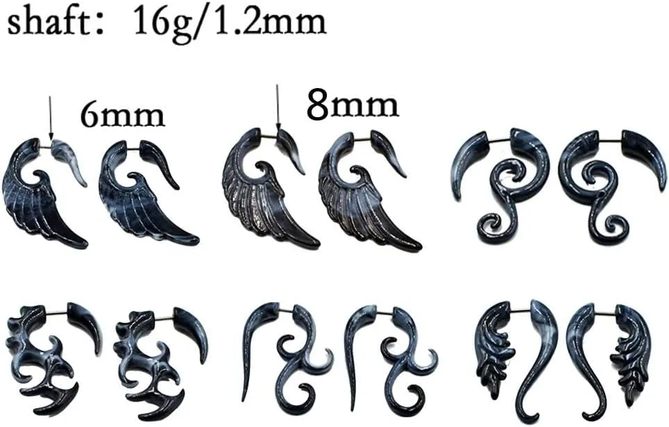 COLORFUL BLING 6-12Pairs Stainless Steel Punk Black Tribal Spiral Fake Gauges Acrylic Ear Tapers Fake Plugs Horn Stud Earrings Tunnel Body Piercing Jewelry