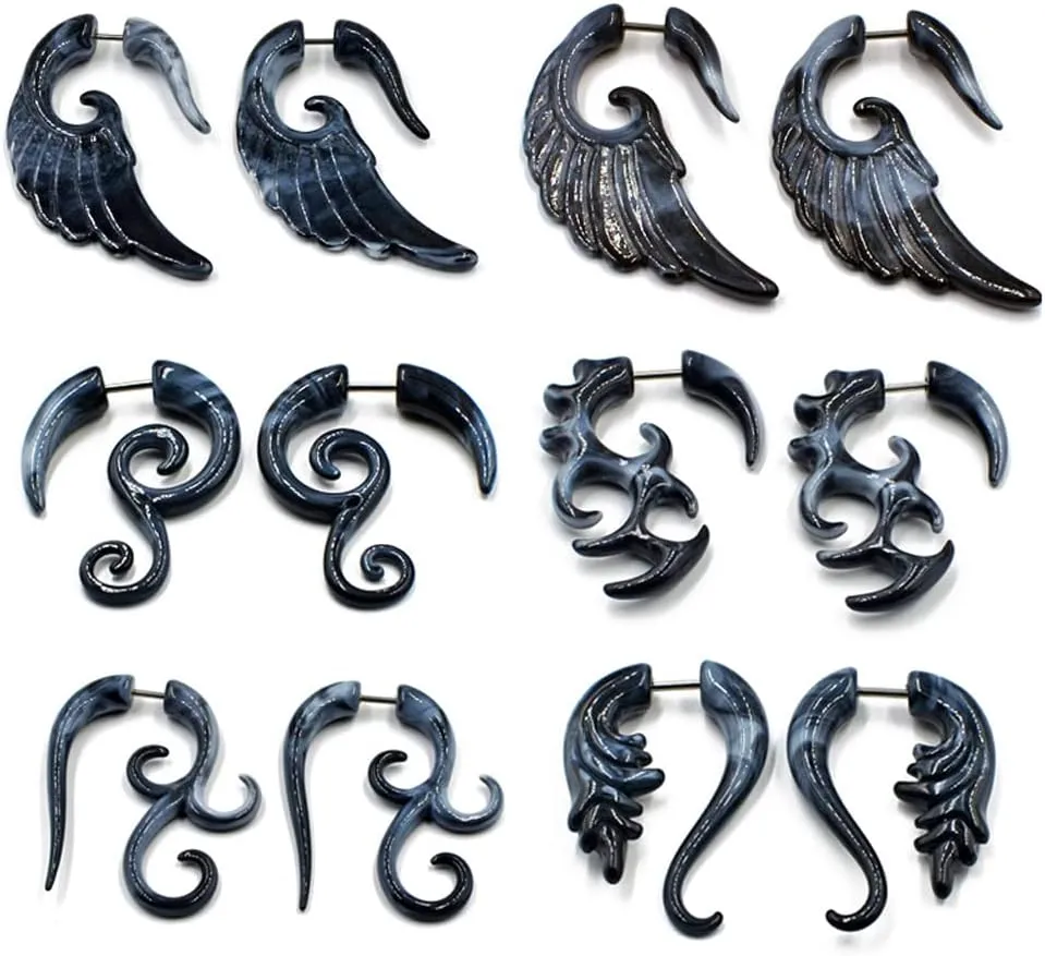 COLORFUL BLING 6-12Pairs Stainless Steel Punk Black Tribal Spiral Fake Gauges Acrylic Ear Tapers Fake Plugs Horn Stud Earrings Tunnel Body Piercing Jewelry