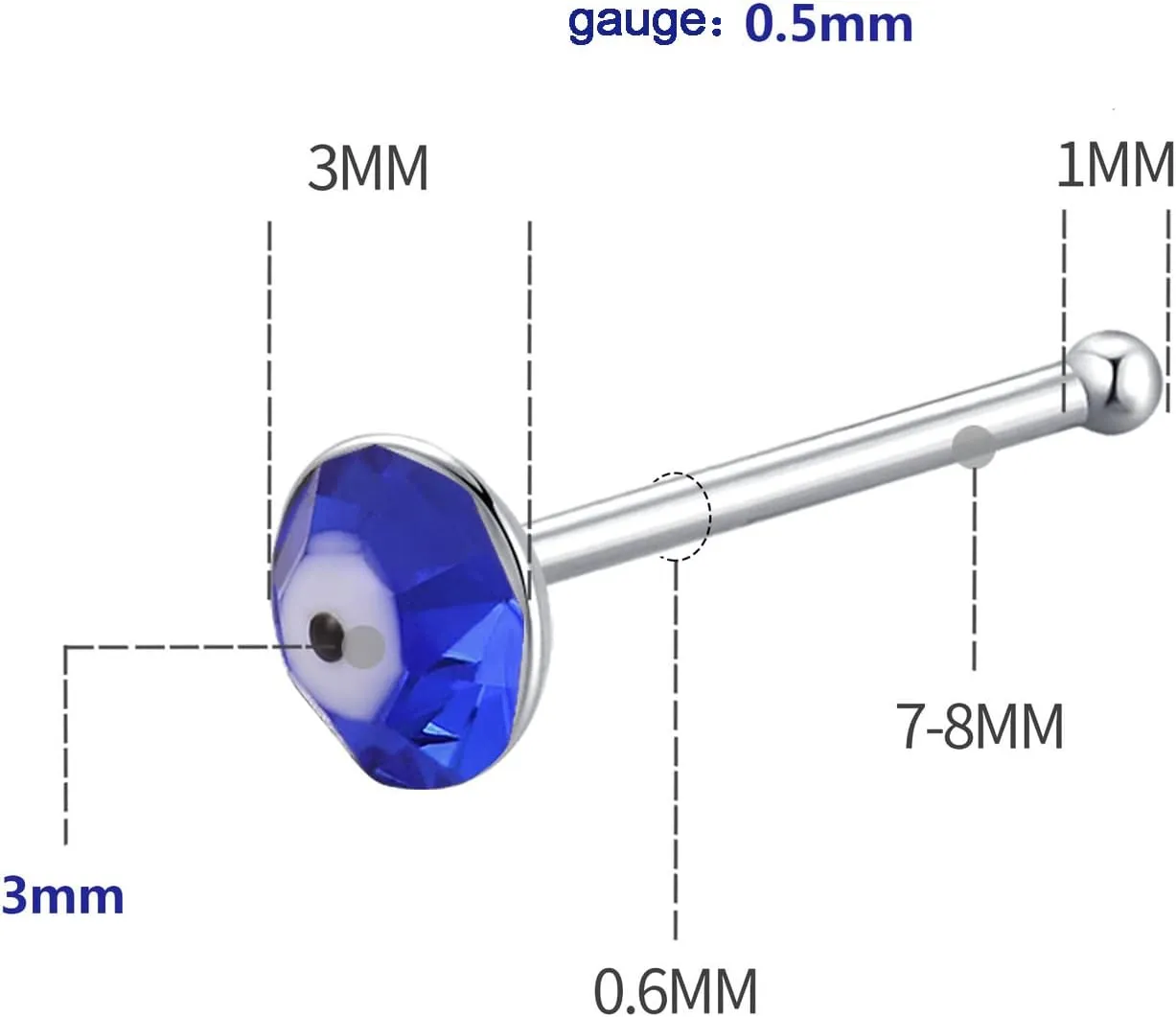 COLORFUL BLING 925 Sterling Silver 3MM Blue Eye Crystal Inlaid Evil Eyes Nose Rings Stud Body Piercing Jewelry for Women Men