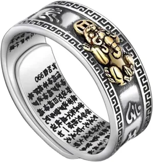 COLORFUL BLING Feng Shui Pixiu Dragon Ring Vintage Silver for Women Men Engrave Cameo Wealth Good Luck Money Drawing Finger Ring Adjustable Protection Amulet Jewelry Characters