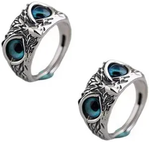 COLORFUL BLING Gothic Demon Eye Owl Ring Set Adjustable Retro Open Antique Silver Crystal Band Rings for Women Men Animal Lucky Retro Jewelry