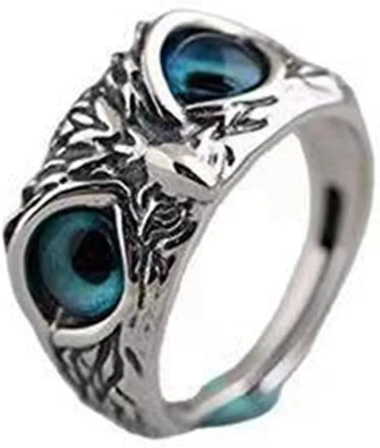 COLORFUL BLING Gothic Demon Eye Owl Ring Set Adjustable Retro Open Antique Silver Crystal Band Rings for Women Men Animal Lucky Retro Jewelry