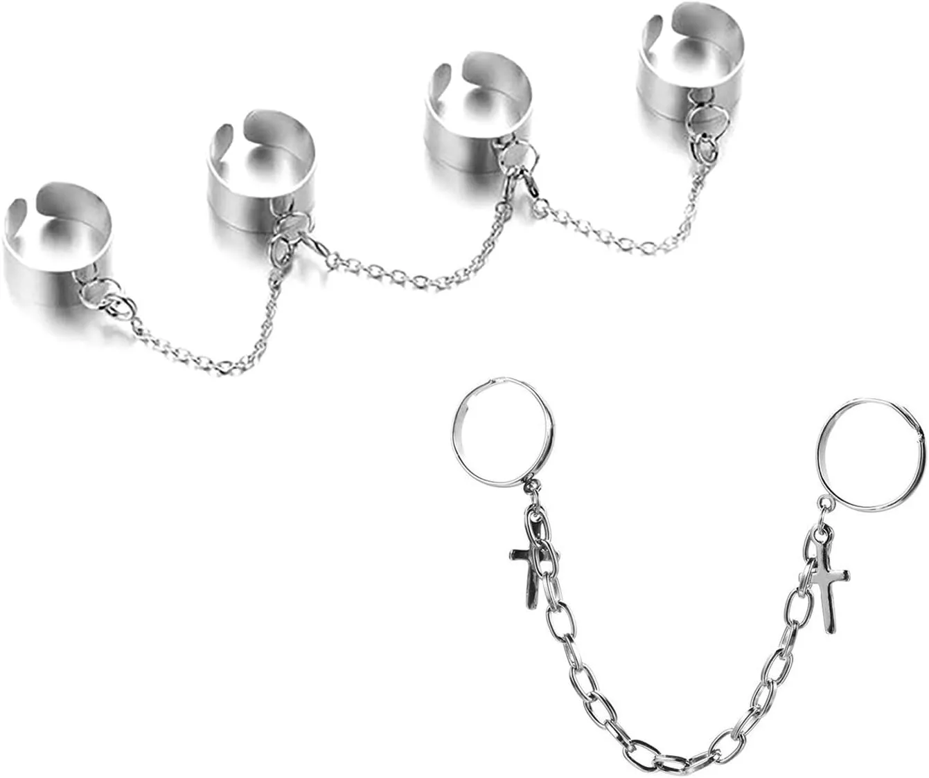 COLORFUL BLING Punk Chain Open Cuff Finger Rings Set Adjustable Hip Hop Belt Cross Stackable Statement Knuckle Ring Link Multiple Gothic for Women Men Party Jewelry