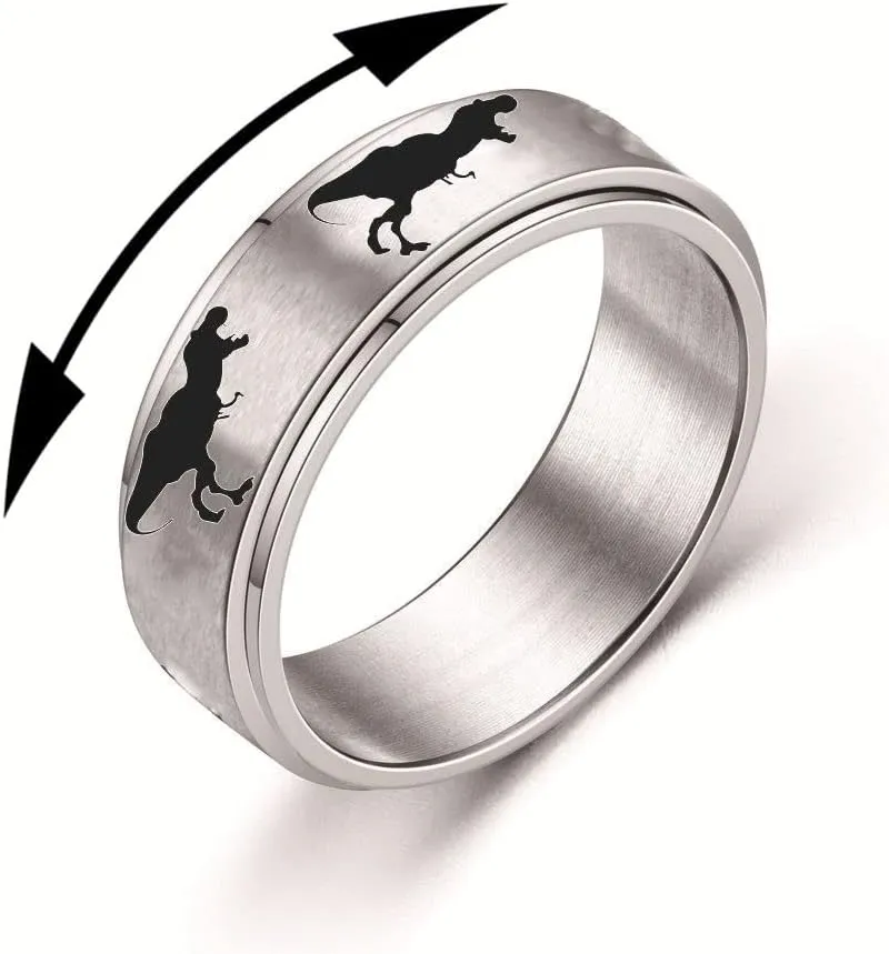 COLORFUL BLING Stainless Steel Cool Punk Dinosaurs Ring Tyrannosaurus Anti Anxiety Ring for Women Men Stress Relief Rotatable Finger Jewelry