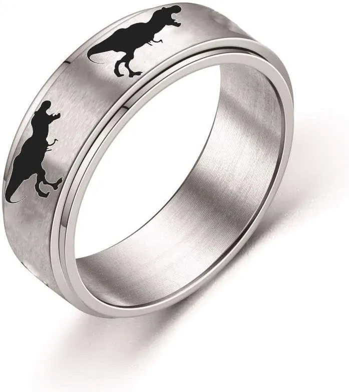 COLORFUL BLING Stainless Steel Cool Punk Dinosaurs Ring Tyrannosaurus Anti Anxiety Ring for Women Men Stress Relief Rotatable Finger Jewelry