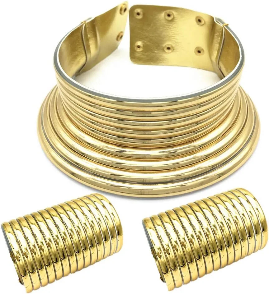 COLORFUL BLING Tribal African National Choker Necklace Snap Leather Chunky Large Punk Gothic Collar Flamboyant Earrings Bracelet Jewelry Set for Women Costume Accessories