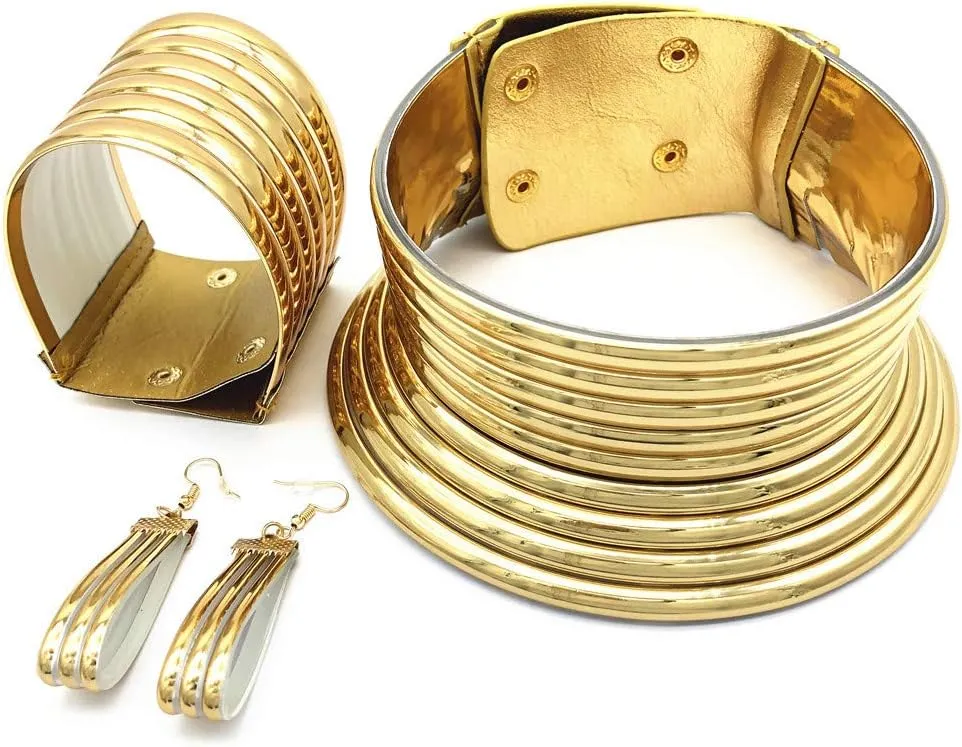 COLORFUL BLING Tribal African National Choker Necklace Snap Leather Chunky Large Punk Gothic Collar Flamboyant Earrings Bracelet Jewelry Set for Women Costume Accessories