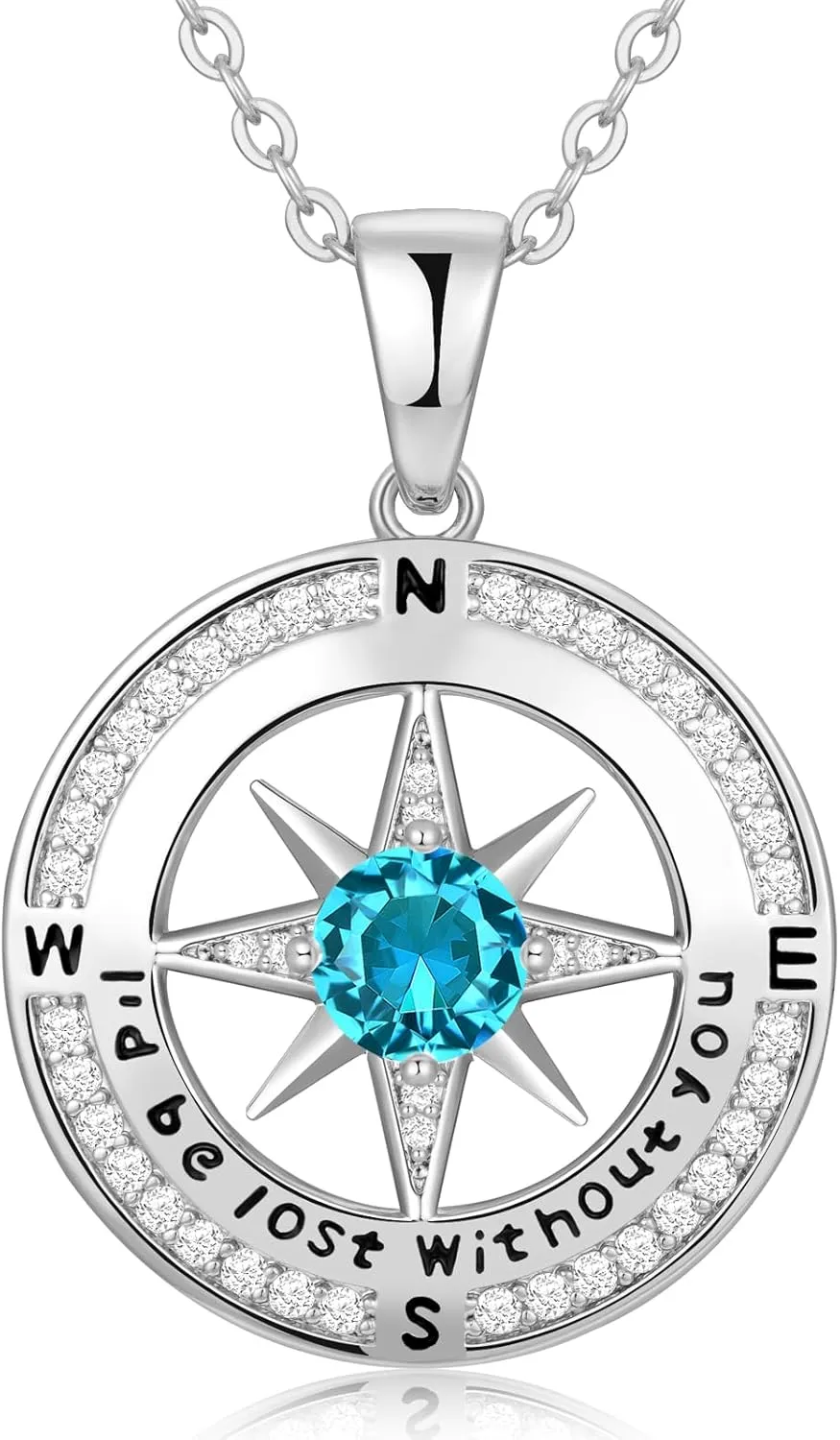 Compass Necklace Gifts for Women wife - S925 Sterling Silver Birthstone Necklaces for Women - Anniversary Birthday Gifts for Her Wife Girlfriend - Valentines Mom Mothers Day Christmas Gifts Jewelry for Women