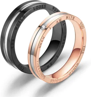 Couple Rings Set, Matching Rings for Best Friends Aesthetic Stainless Steel The World Looks Wonderful When I Am with You Black Rose Gold Jewelry Rings Gifts Size 6-12