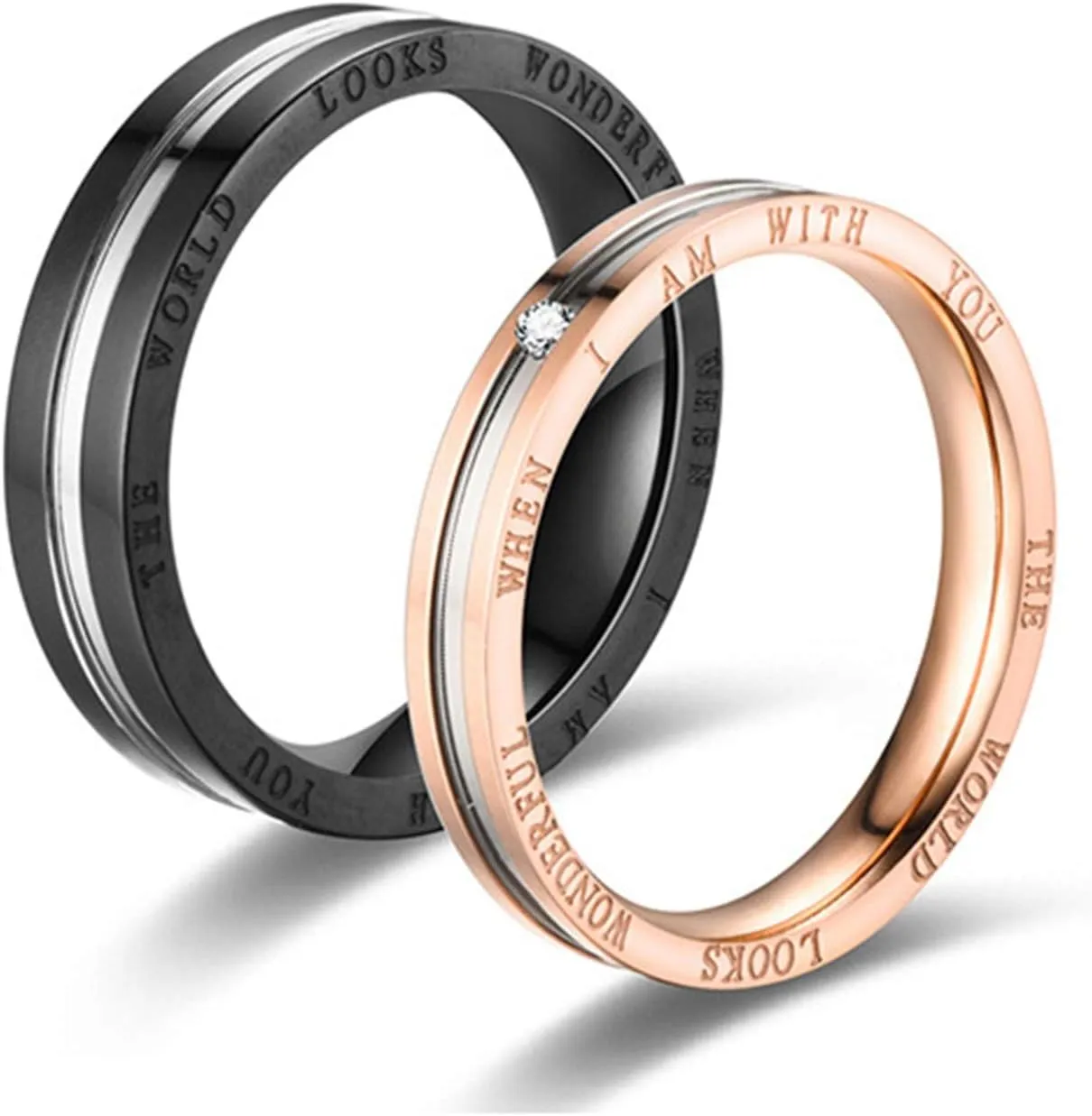 Couple Rings Set, Matching Rings for Best Friends Aesthetic Stainless Steel The World Looks Wonderful When I Am with You Black Rose Gold Jewelry Rings Gifts Size 6-12