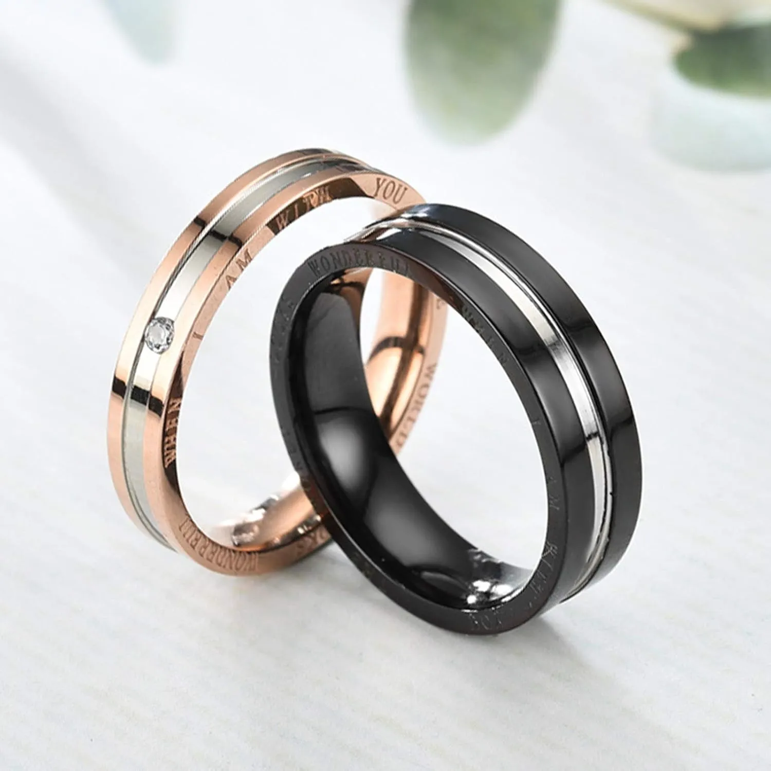 Couple Rings Set, Matching Rings for Best Friends Aesthetic Stainless Steel The World Looks Wonderful When I Am with You Black Rose Gold Jewelry Rings Gifts Size 6-12