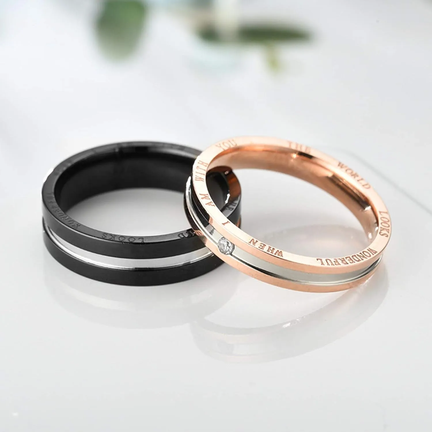 Couple Rings Set, Matching Rings for Best Friends Aesthetic Stainless Steel The World Looks Wonderful When I Am with You Black Rose Gold Jewelry Rings Gifts Size 6-12