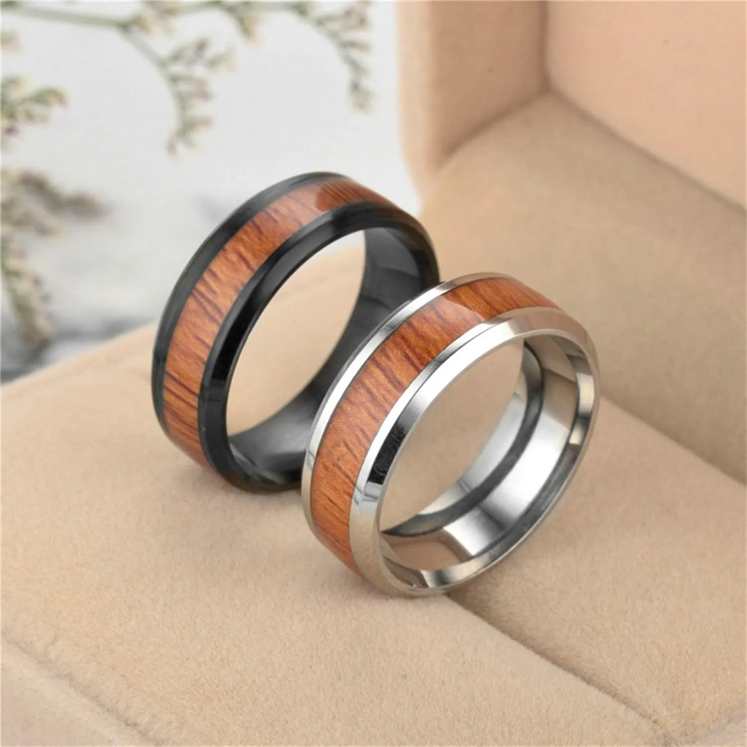 Couples Anniversary Rings, Matching Wedding Ring Stainless Steel Wood Pattern Silver&Black Rings Valentine's Jewelry Size 6-12