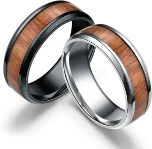 Couples Anniversary Rings, Matching Wedding Ring Stainless Steel Wood Pattern Silver&Black Rings Valentine's Jewelry Size 6-12